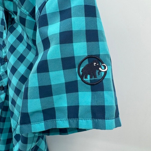 Mammut Top Women Medium Blue Plaid Check Button Up Short Sleeves Lightweight - Picture 4 of 10